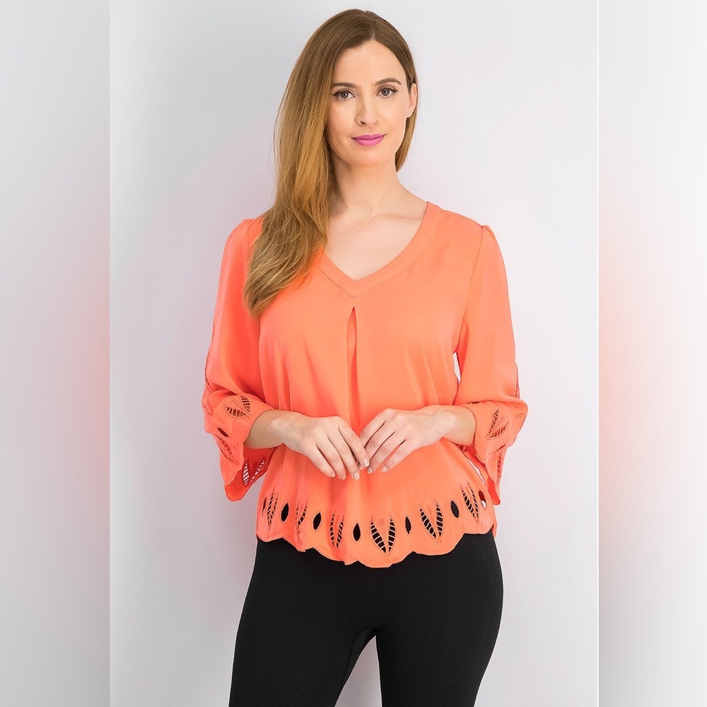 market & spruce Women V-neckline Petite Raina Embroidered‎ Top, Coral​